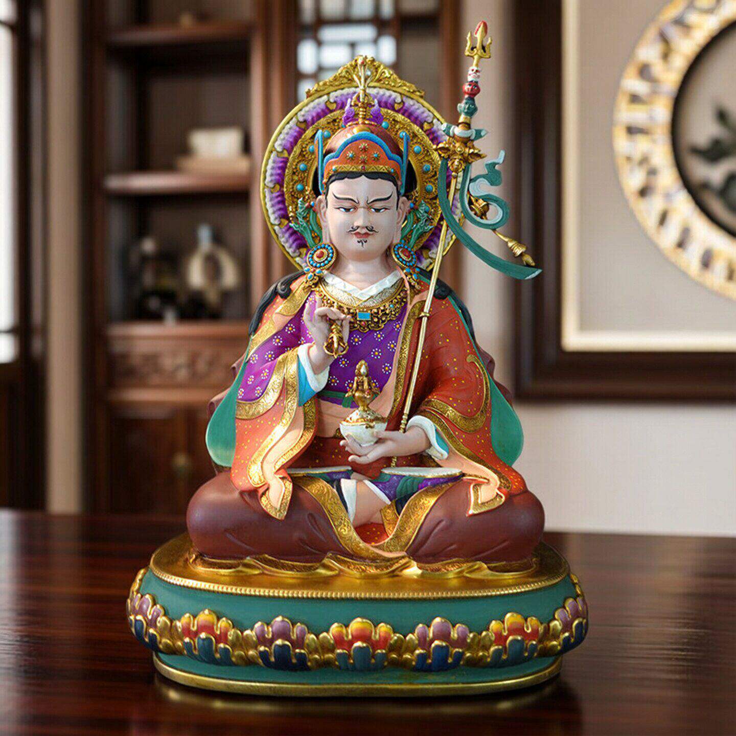 尼泊尔工艺彩绘莲师佛像纯铜纯手工錾刻莲花生大士供奉铜像摆件