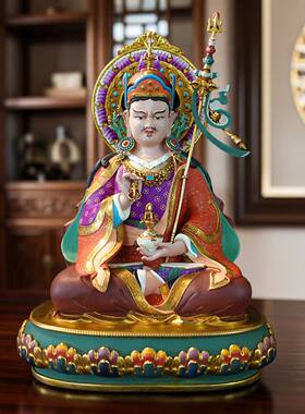 尼泊尔工艺彩绘莲师佛像纯铜纯手工錾刻莲花生大士供奉铜像摆件