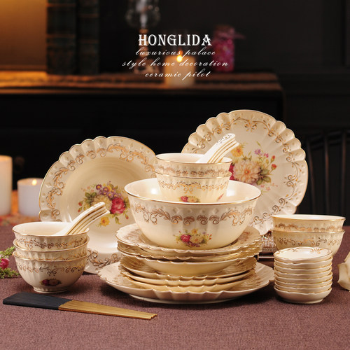 组合陶合高档金边餐具碗碟套装