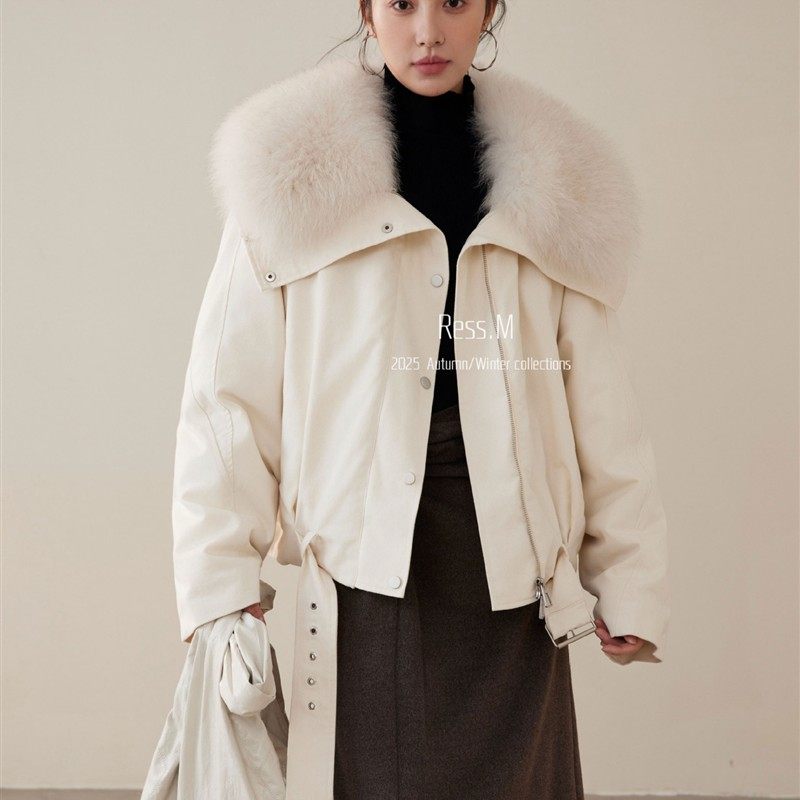 .M十三行极简巨好毛领派克服保暖90白鸭绒狐狸毛大翻领羽绒服