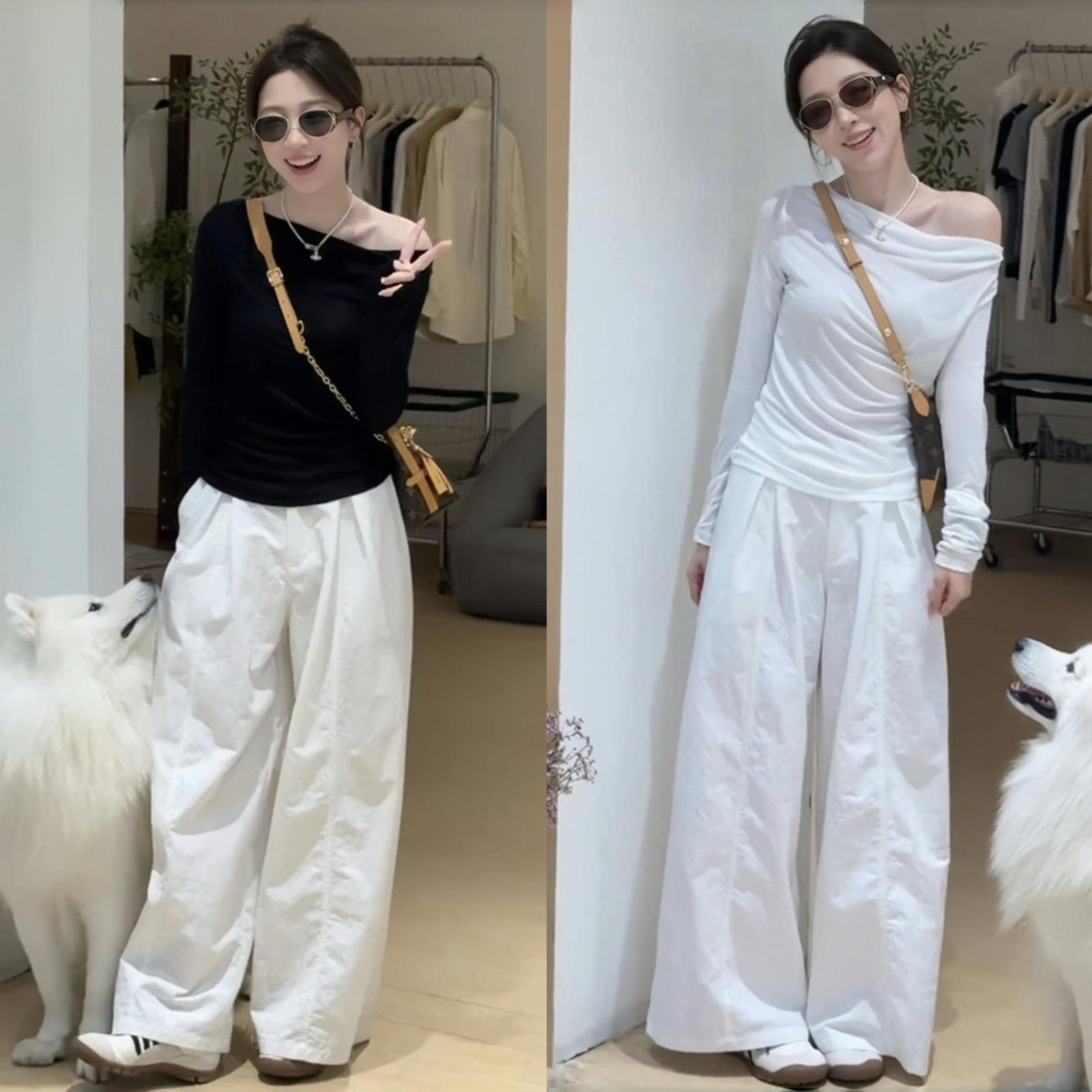 早秋穿搭一整套秋装2025新款女韩系时尚露肩长袖T恤阔腿裤两件套