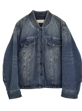 秋冬复古立领短款针织牛仔外套女百搭夹克蓝色棉袄短外套244SY226