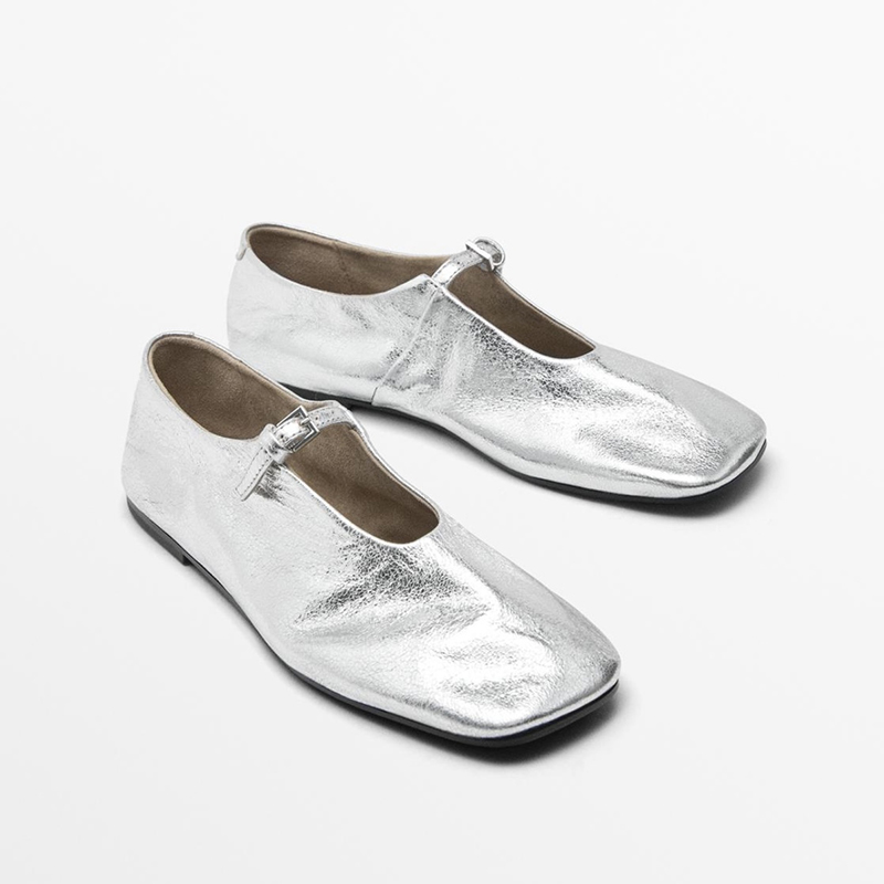 西班牙小众MD女鞋2024新款银色裂纹皮平底芭蕾鞋方头玛丽珍单鞋女
