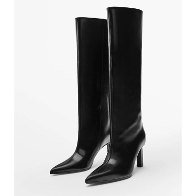 尖头真皮复古长靴直筒靴高跟靴子