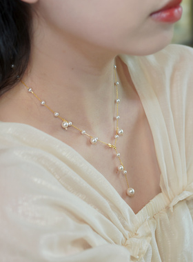 如帆小众设计感气质满天星珍珠项链925纯银优雅y字锁骨链女50767