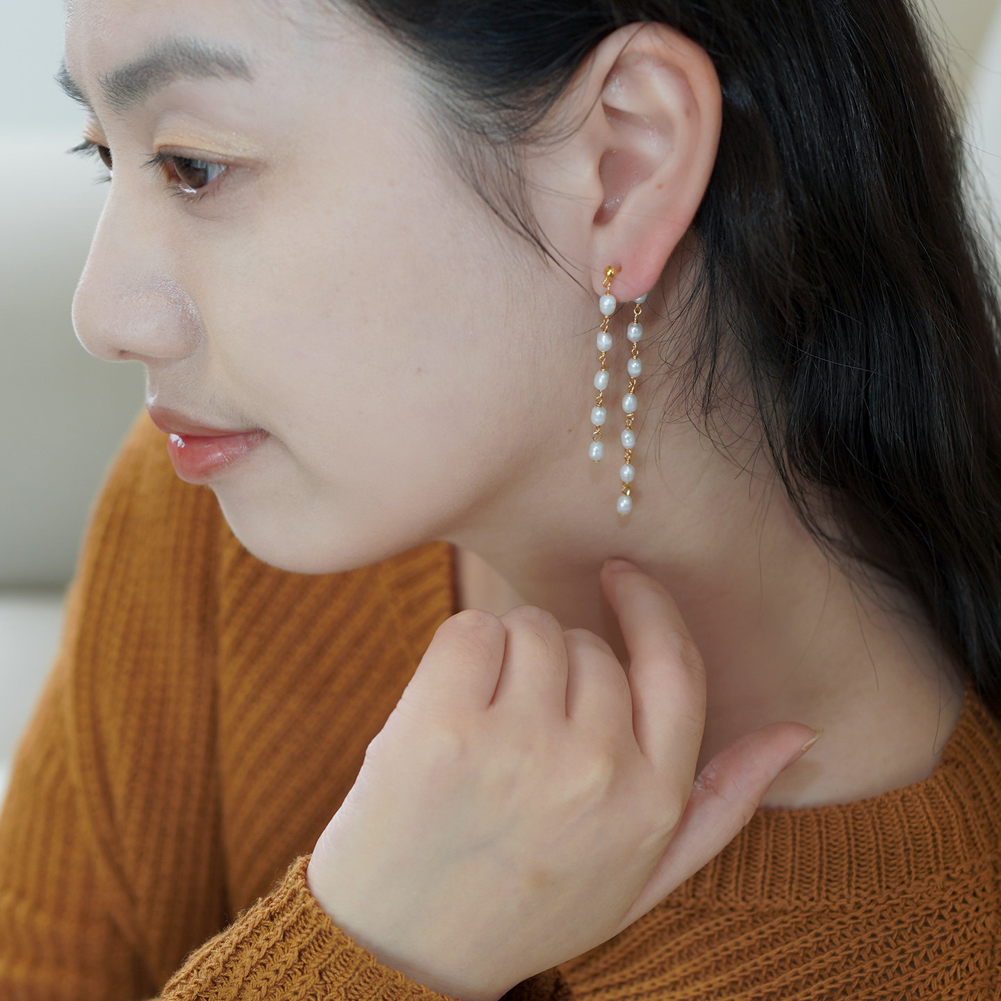 如帆法式简约淑女米珠珍珠双层长耳钉925纯银流苏显脸瘦耳环51211