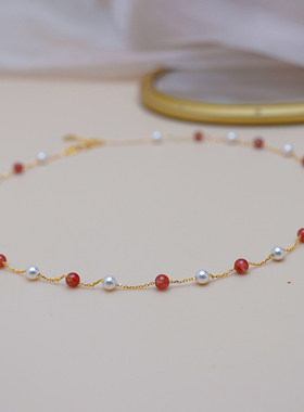 如帆小众轻奢高级感红玛瑙珍珠满天星项链925纯银锁骨链甜美50693