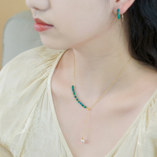 如帆小众设计感清新复古绿松石珍珠项链925纯银锁骨链法式女60306