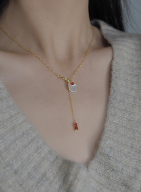 如帆小众高级感花瓣珍珠红锆可调节项链925银甜美锁骨链礼物41281