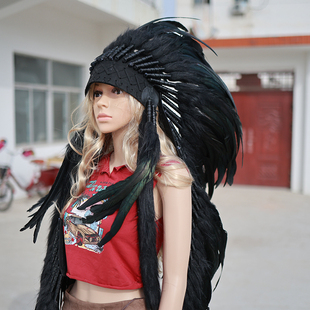 印第安人羽毛头饰非洲酋长土著帽子黑色头饰表演野人部落羽毛道具