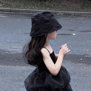 儿童春秋款 黑色宽檐渔夫帽防晒帽男女童休闲水桶帽宝宝平顶盆帽潮