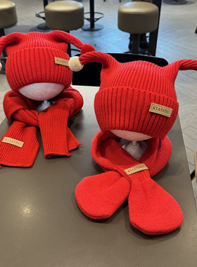 过新年红色儿童帽子围巾套装婴幼儿秋冬季男女童宝宝可爱萌毛线帽