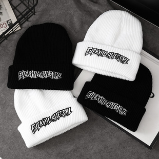 韩版 毛线帽男ins复古刺绣字母嘻哈保暖针织帽子女潮牌冷帽 秋冬季