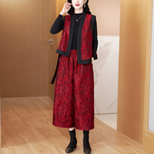 妈妈装 香云纱2025春秋季 套装 马甲高腰阔腿裤 两件套洋气提花新中式