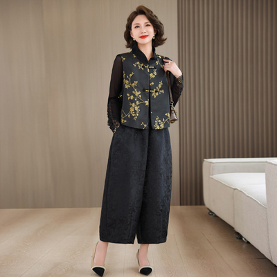 香云纱2025春秋季真丝套装休闲百搭花苞阔腿裤时尚洋气马甲两件套