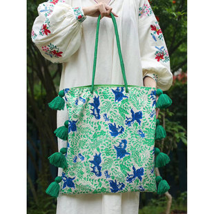 宋茜同款撞色流苏帆布手提包包女2025新中式环保袋小众单肩托特包