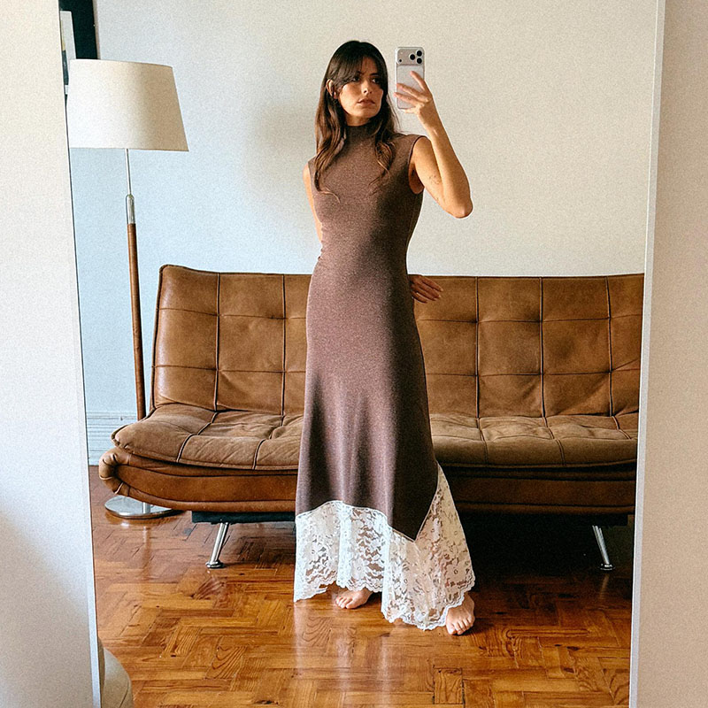 ZA 2025冬季新款女装时尚半高领蕾丝拼接长款连衣裙 5039236 700