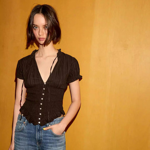 新款 7521020 女装 蝴蝶结饰构造上衣 725 简约百搭短袖 ZA 2026夏季