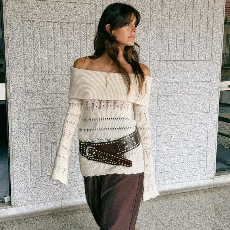 ZA 2025冬季新款女装时尚气质百搭长袖镂空露肩针织衫 1131870