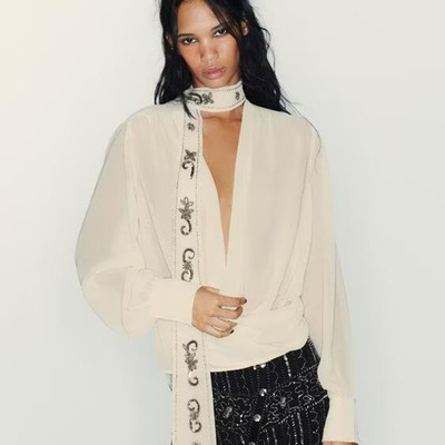 ZA 2025冬季新款女装时尚气质百搭乔其纱串珠围巾衬衫 0881141