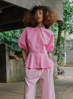ZA 2026夏季新款女装翻领泡泡袖粉色条纹府绸衬衫 3211825 620