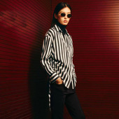 3564061 ZA 2026春季 070 长袖 翻领系带侧开叉条纹衬衫 新款 女装