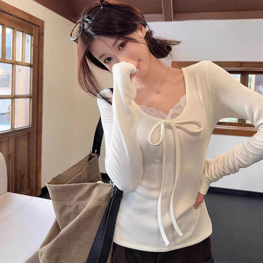 秋冬季穿搭白色纯欲蕾丝内搭上衣韩系v领修身显瘦长袖T恤打底衫女,女装/女士精品,T恤,淘宝优惠券,粉丝福利购,淘宝优惠卷