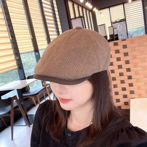 韩版细条纹前进帽女复古短檐贝雷帽子