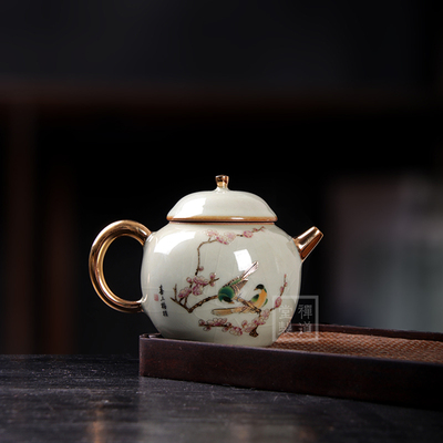 青玉汝窑掐金丝喜上眉梢有容壶汝瓷鎏金复古开片养线李辉熠单茶壶