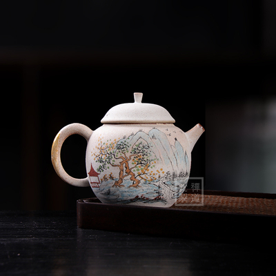 志野烧手绘山水人家有容壶粗陶秦权复古泡茶壶中式陶瓷李辉熠单壶