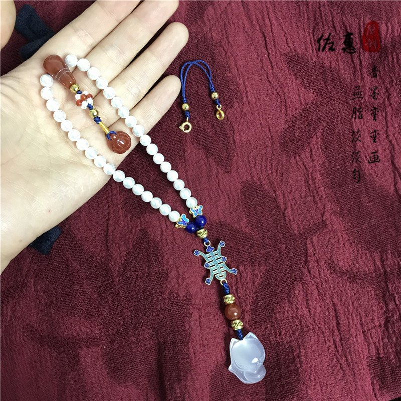 纯手工中式复古风压襟挂件玛瑙狐狸桃花运珍珠景泰蓝汉服配饰串珠