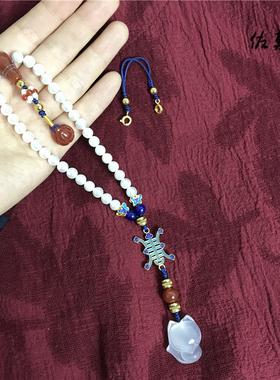 纯手工中式复古风压襟挂件玛瑙狐狸桃花运珍珠景泰蓝汉服配饰串珠