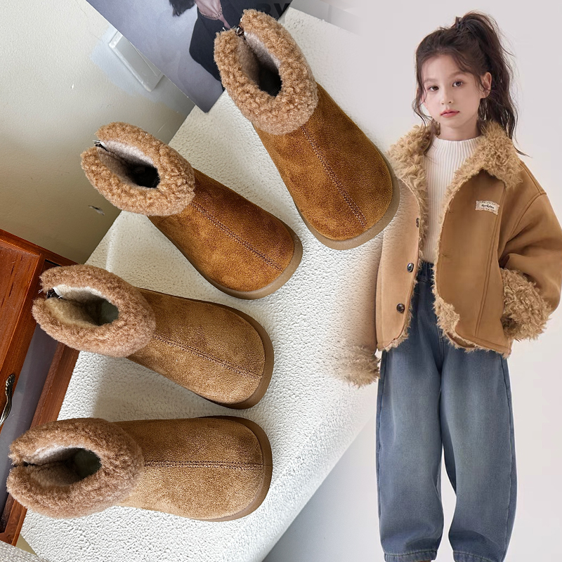 2025女童雪地靴新款加绒儿童鞋子皮毛一体加厚防水公主中筒棉靴子