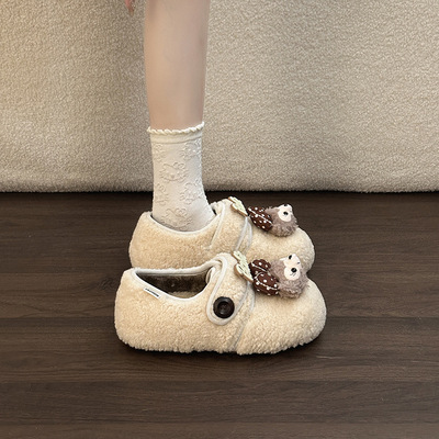 玩偶字母毛绒休闲勃肯鞋女冬季时尚卡通可爱加绒厚底一脚蹬大棉鞋