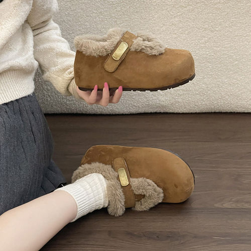 复古休闲扣绒面短毛绒勃肯鞋女冬季时尚金属内增高保暖厚底懒人鞋