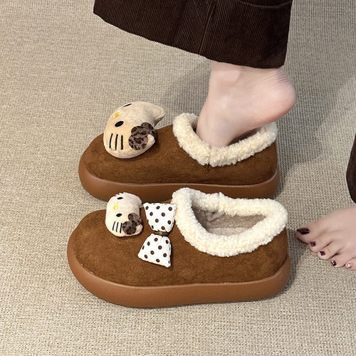 复古绒面加绒棉鞋女款冬季时尚卡通猫咪厚底一脚蹬保暖舒适休闲鞋