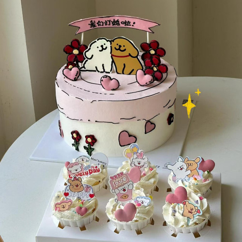 线条小狗生日快乐插卡纸杯蛋糕