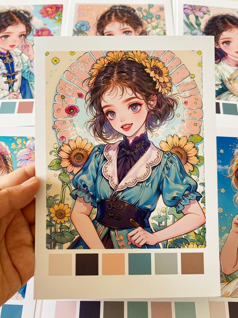 水彩动漫女孩临摹卡片半身花卉可爱人物少儿美术绘画马克笔带配色