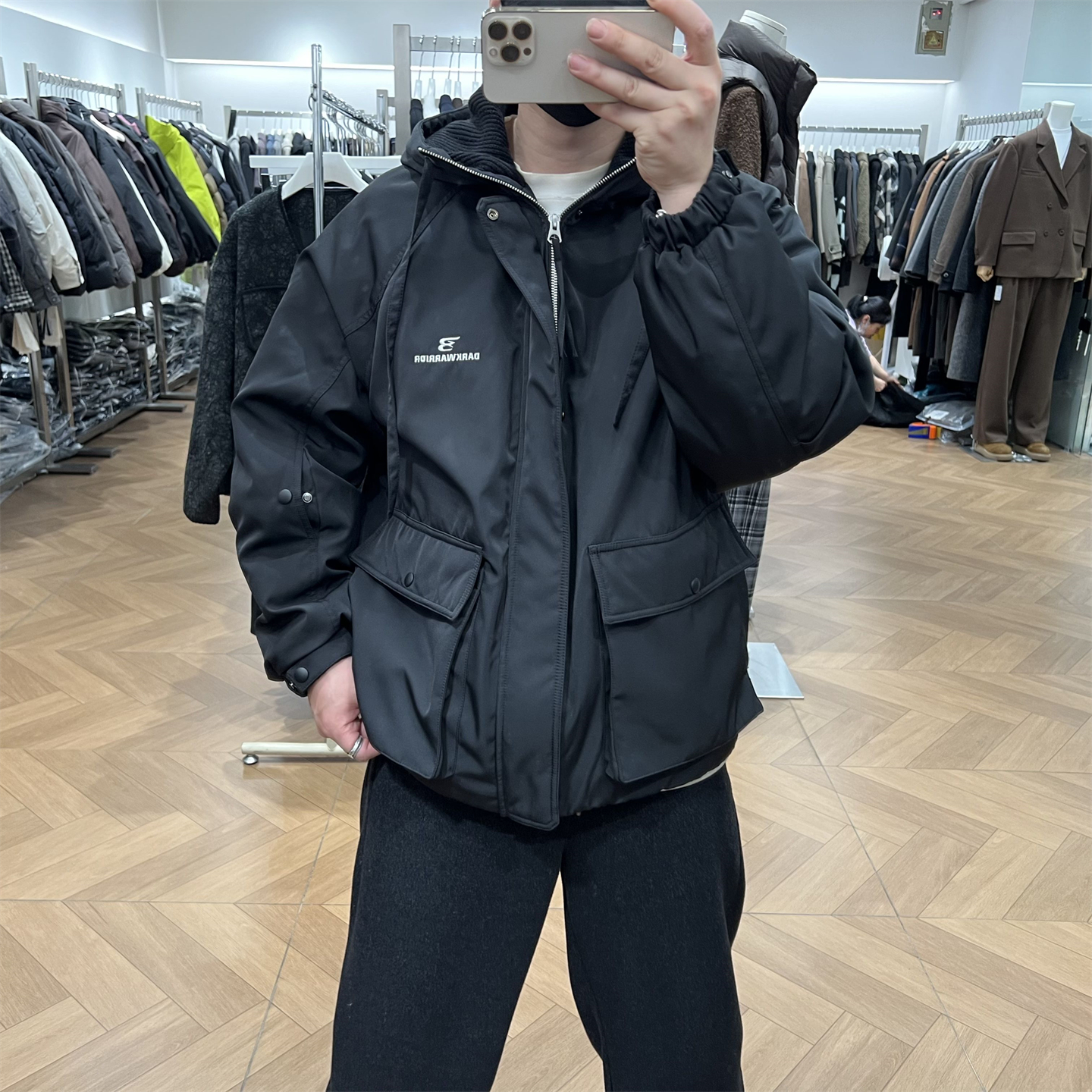 针织拼接连帽羽绒服工装保暖外套