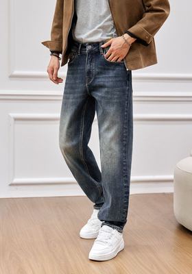 美式复古水洗做旧加绒加厚牛仔裤男冬季宽松通勤四面弹小直筒长裤