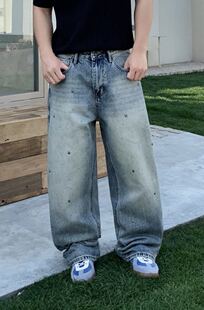 潮 男春夏宽松痞帅街头直筒裤 巴黎风美式 复古水洗满天星烫钻牛仔裤