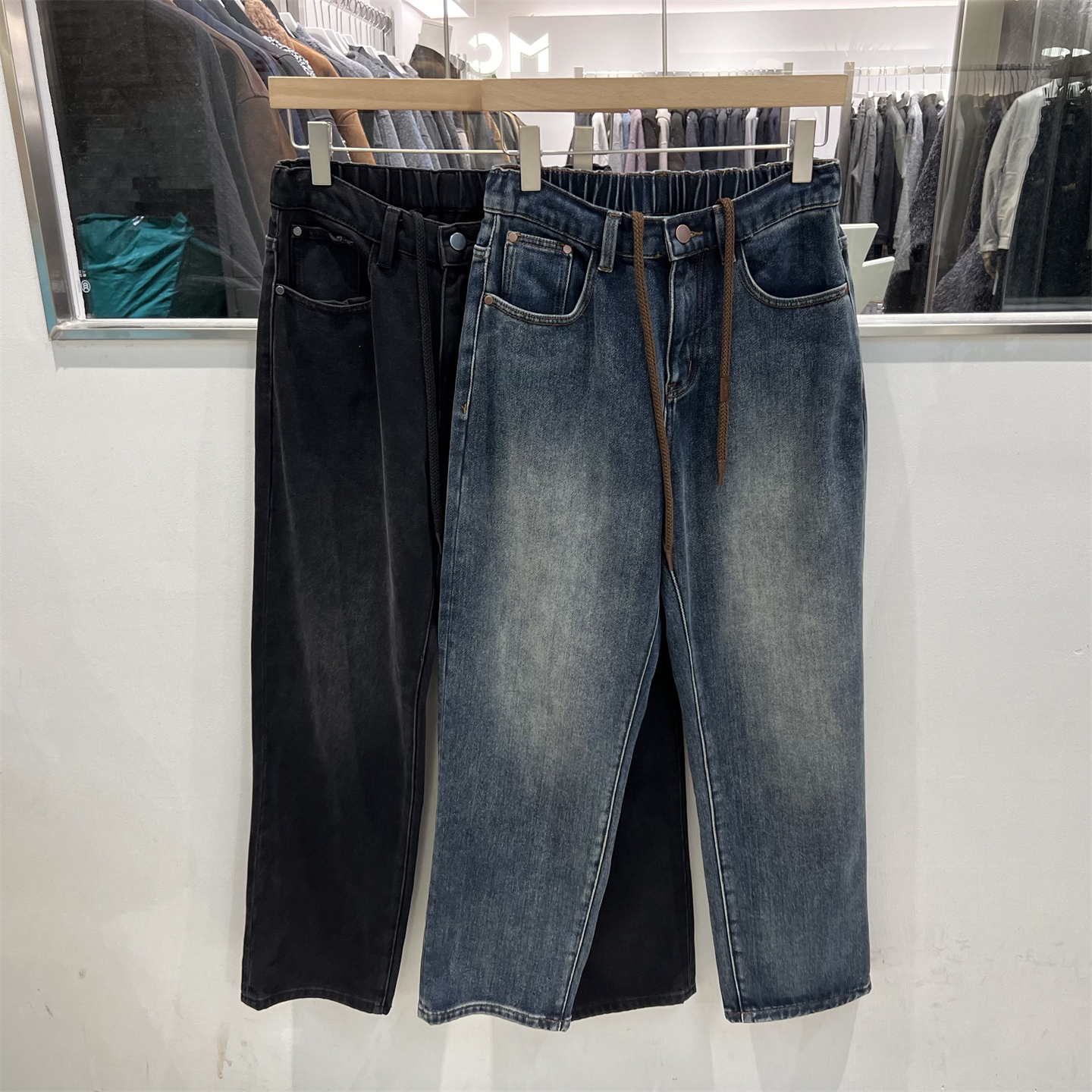 磨毛加绒直筒牛仔裤通勤阔腿裤潮