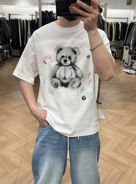 OD1美式卡通风小熊印花圆领短袖T恤男夏季宽松潮牌情侣款半袖上衣