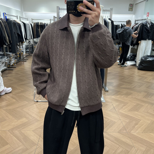 老钱风肌理感翻领针织开衫毛衣潮