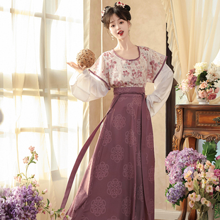 洛花赋桃花笑唐褙子原创唐制汉服圆领衫印齐腰显瘦八破裙日常套装