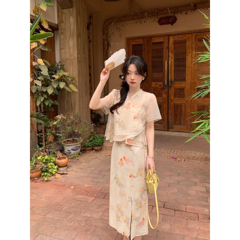 花栗鼠小姐 月笼纱 新中式国风套装女小个子夏季显瘦两件套裙装