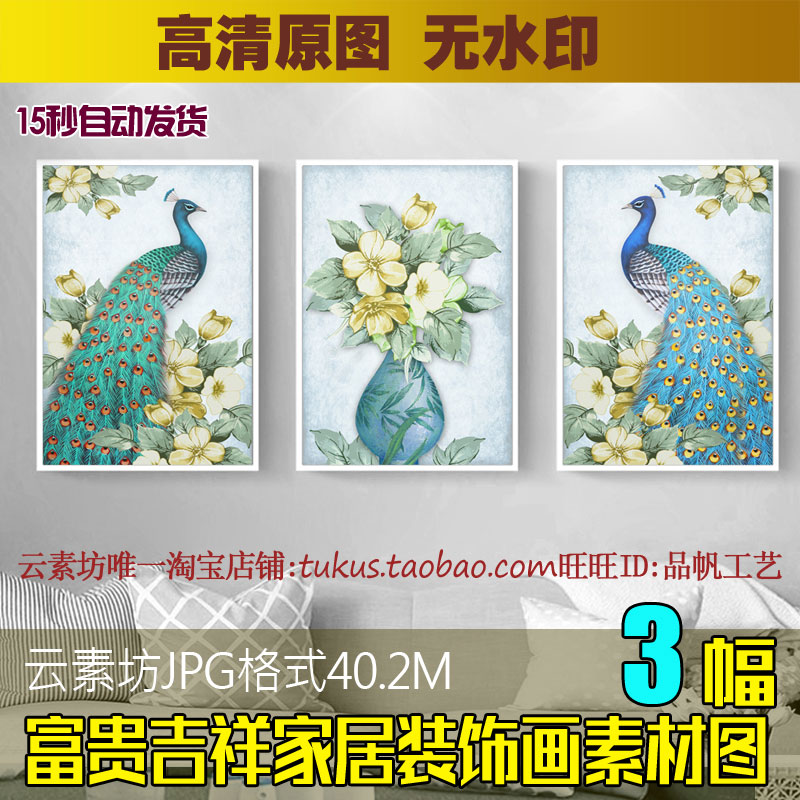 吉祥富贵孔雀花瓶三联画芯图片 现代清新花卉北欧装饰画素材图库