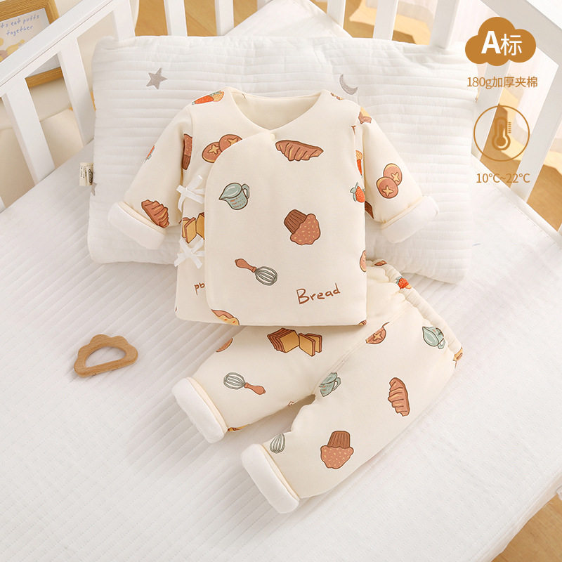 冬款新生儿衣服0-3纯棉无骨加厚婴儿内衣宝宝校服和尚系带套装1