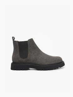 秋冬新款平底圆头真皮男鞋轻便短靴百搭灰色反绒皮厚底靴切尔西靴