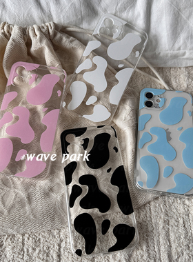 海浪公园【拍三免一】奶牛图案蓝色粉色白色黑色适用于iPhone15promax手机壳tpu透明软壳三星s24